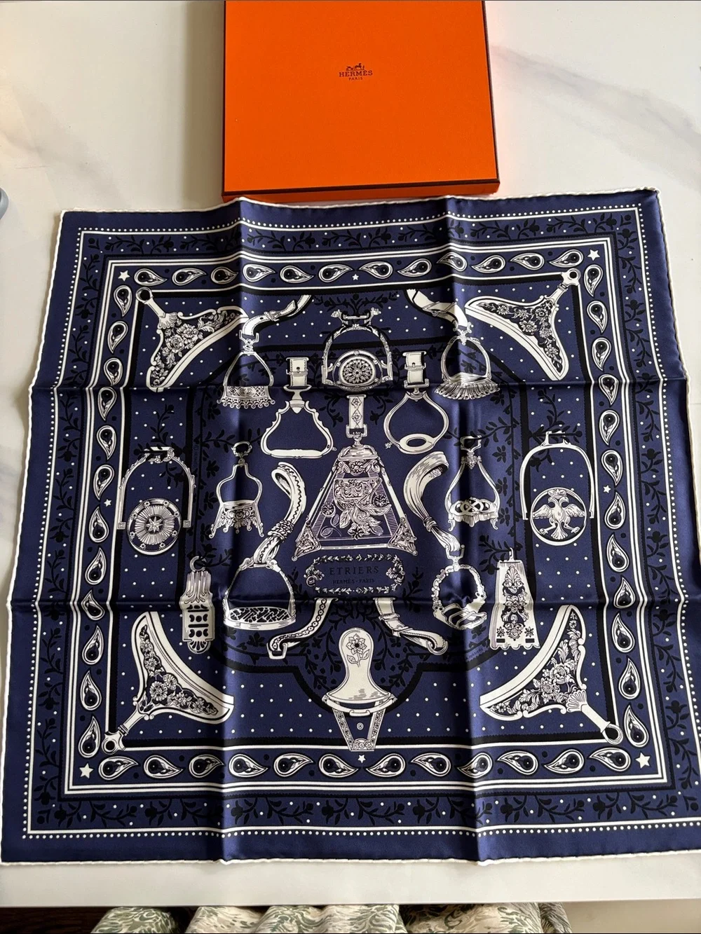 Hermes Navy Blue and White Equestrian Print Silk Scarf  Etriers Remix bandana 55